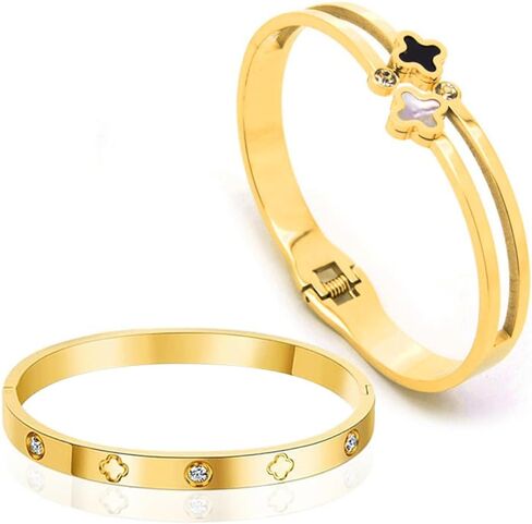 Clover Bracelet 2Pcs, Four Leaf Clover Bracelet Unique Fritillaria Clover Bracelets for Women 18K Gold Plated Four Leaf Lucky Bracelets Jewelry Christmas Valentine's Day Gifts in Saudi Arabia