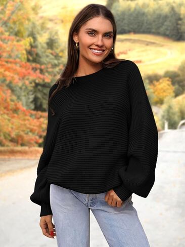 PRETTYGARDEN Womens Sweaters Fall 2024 Long Lantern Sleeve Oversized Sweater Casual Crewneck Loose Ribbed Knit Pullover Tops in Saudi Arabia