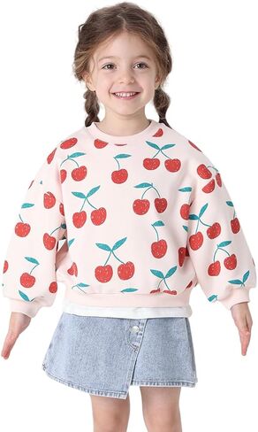 marc & janie Girls Long Lantern Sleeve Sweatshirts Cherry Printed Round Neck Shirts Soft Cute Pullover Tops 231238 in Kuwait