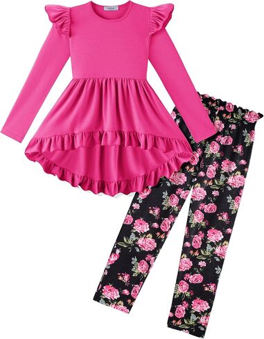 Arshiner Toddler Girl Clothes Fall Outfits Ruffle Sleeve Tops and Leggings | for Toddler,Little,Big Girls,Long Sleeve Pullover Shirt,Floral Print Leggings,Fall Outfits,Cute Outfits in Saudi Arabia