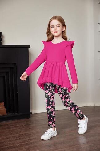 Arshiner Toddler Girl Clothes Fall Outfits Ruffle Sleeve Tops and Leggings | for Toddler,Little,Big Girls,Long Sleeve Pullover Shirt,Floral Print Leggings,Fall Outfits,Cute Outfits in Saudi Arabia