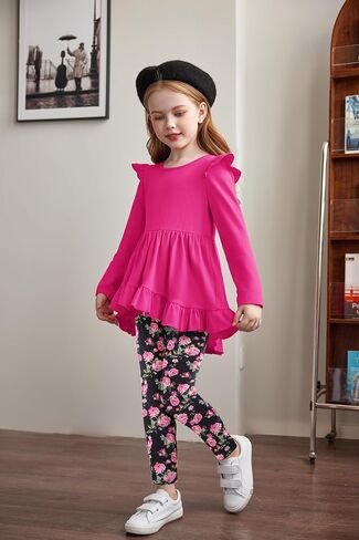 Arshiner Toddler Girl Clothes Fall Outfits Ruffle Sleeve Tops and Leggings | for Toddler,Little,Big Girls,Long Sleeve Pullover Shirt,Floral Print Leggings,Fall Outfits,Cute Outfits in Saudi Arabia