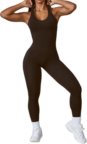 Women Yoga Ribbed Jumpsuits Seamless Tank Tops Rompers Sleeveless One Piece Workout Bodysuit in Kuwait
