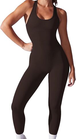 Women Yoga Ribbed Jumpsuits Seamless Tank Tops Rompers Sleeveless One Piece Workout Bodysuit in Kuwait
