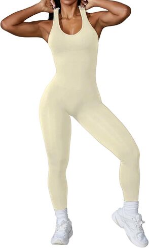 Women Yoga Ribbed Jumpsuits Seamless Tank Tops Rompers Sleeveless One Piece Workout Bodysuit in Kuwait