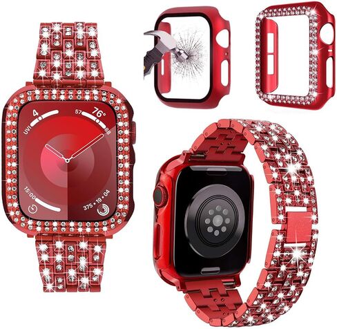 3-Pack Compatible For Apple Watch Band 38mm 40mm 41mm 42mm 44mm 45mm 46mm 49mm, Bling Jewelry Metal Bands with Diamond Case + Screen Protective Cover For iWatch Series 11/10/9/8/7/6/5/4/3/2/1/SE (Rose Gold, 46mm) in Kuwait
