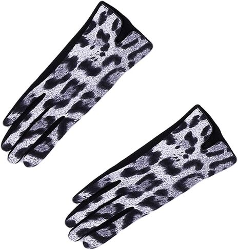 DINPREY Women's Stretch Fleece Leopard Print Gloves Animal Leopard Print Faux Fur Trim Touchscreen Gloves in Saudi Arabia