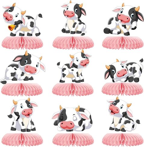 9 Pcs Cow Honeycomb Centerpieces Farm Animals Cow Table Topper Honeycomb 3D Table Decoration Barnyard Paper Fan Cow Cutouts for Children's Party Western Cowboy Baby Shower Wedding Party Supplies in Kuwait
