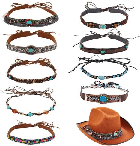 AHANDMAKER 9 pcs Cowboy Hat Bands 9 Styles Replacement Hat Belt Mixed Color Vintage Beaded Hat Band for Sun Hat Fedora Cowboy Cowgirl Hats Accessories in Saudi Arabia