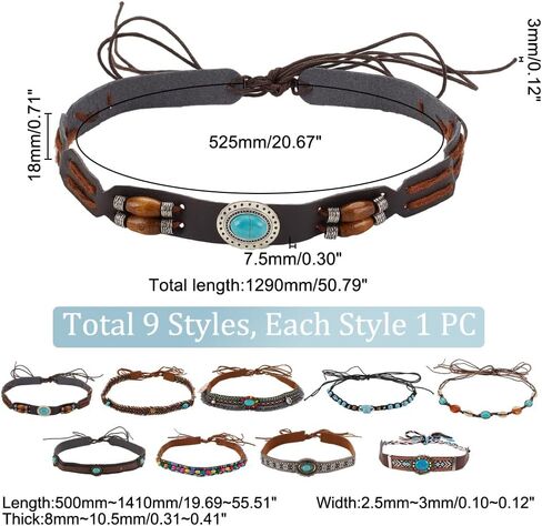 AHANDMAKER 9 pcs Cowboy Hat Bands 9 Styles Replacement Hat Belt Mixed Color Vintage Beaded Hat Band for Sun Hat Fedora Cowboy Cowgirl Hats Accessories in Saudi Arabia