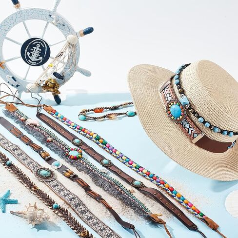 AHANDMAKER 9 pcs Cowboy Hat Bands 9 Styles Replacement Hat Belt Mixed Color Vintage Beaded Hat Band for Sun Hat Fedora Cowboy Cowgirl Hats Accessories in Saudi Arabia