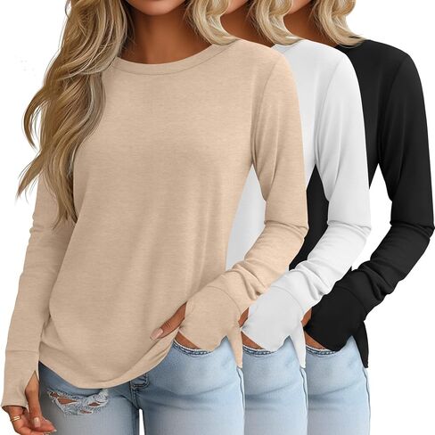 Huukeay 3 Pack Women's Long Sleeve Cotton Shirts, Casual Crew Neck Tunic Tops Fall Loose Y2k Trendy Outfits with Thumb Holes in Kuwait