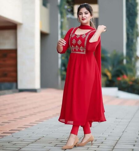 Womens Georgette Anarkali Kurti Dupatta Suit Readymade Tunic Ethnic Indian Pakistani Kurta For Party Wear in Saudi Arabia