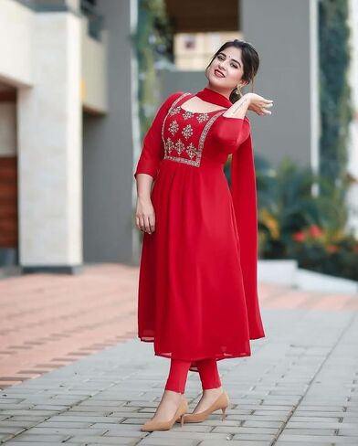 Womens Georgette Anarkali Kurti Dupatta Suit Readymade Tunic Ethnic Indian Pakistani Kurta For Party Wear in Saudi Arabia