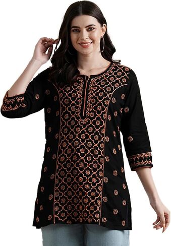 Ada Hand Embroidered Indian Chikankari Cotton tunic Top Short Kurti for Women A911370 in Saudi Arabia