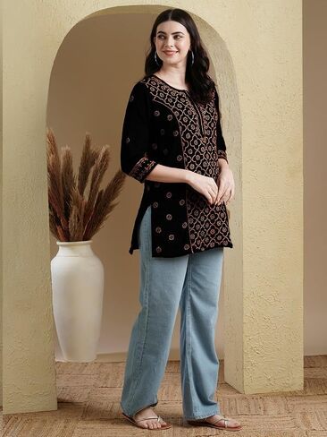 Ada Hand Embroidered Indian Chikankari Cotton tunic Top Short Kurti for Women A911370 in Saudi Arabia