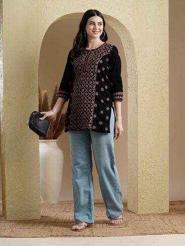Ada Hand Embroidered Indian Chikankari Cotton tunic Top Short Kurti for Women A911370 in Saudi Arabia