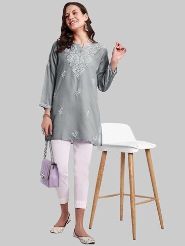 Ada Hand Embroidered Chikankari Indian Cotton Top Tunic Blouse for Women A911344 in Kuwait