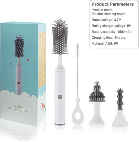 مجموعة فرش زجاجات الأطفال الكهربائية من بيكين، فرش تنظيف متعددة الأغراض، تنظيف دوران عالي السرعة 360 درجة، 1500 مللي أمبير، مقاومة للماء IPX65، فرش مثالية لزجاجات الأطفال، أبيض in Kuwait