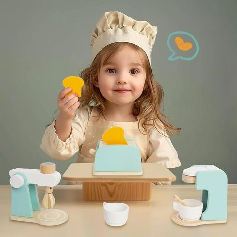ألعاب مطبخ خشبية للأطفال، مجموعة ألعاب مكونة من 3 قطع لصانعة القهوة ومحمصة الخبز، ملحقات المطبخ الخشبية للفتيات والأولاد من عمر 3 و4 و5 سنوات in Kuwait