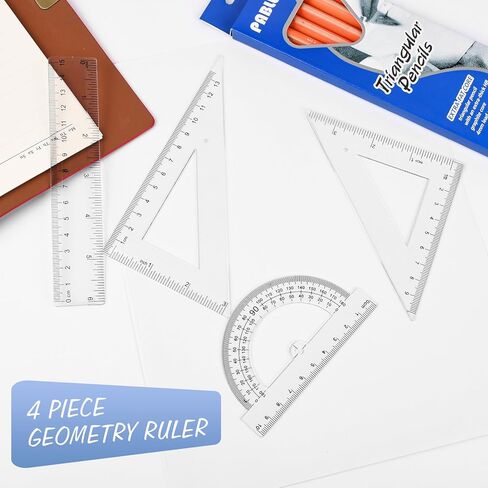 Geometry Plastic Ruler Set, 4 Pieces Ruler Set Includes Protractor Triangle Rulers and 8 Inch Straight Ruler, Clear Plastic Ruler Geometry Set Measuring Tool for School Office, 4/Packs in Saudi Arabia