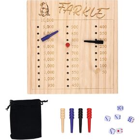 Dice Tray Scoreboard, 5.9 Inch Wooden Farkle Board Score Pads with 6 Dice and 4 Markers Farkle Classic Dice Game for Adults Kids Family Party Travel Game