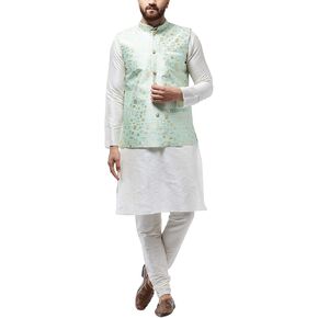 Sojanya (Since 1958, Men's Silk Blend Off White Kurta Pyjama & Mustard Nehru Jacket Combo