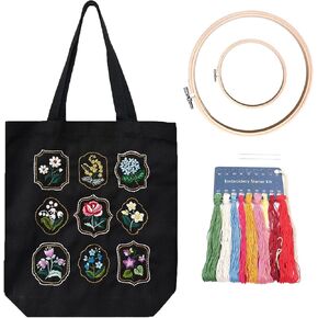 SUPBRAIN Embroidery kit, Canvas Tote Bag Embroidery Kit, Include Stamped Flower Pattern, Hoop, Color Threads and Tool, Suitable for Beginners, Adults Arts and DIY Crafts Kits (Black)