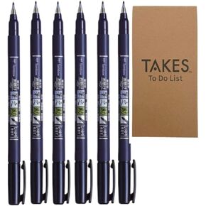 Fudenosuke Brush Pen Black x6-pen pack, with Takes To Do List Notepad - Calligraphy Pens for Writing and Art Drawings (3x Soft + 3x Hard)
