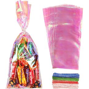 JOINDO 120PCS Iridescent Treat Bags,4x9.5 inch Holographic Goodie Bags with Twist Ties, Cellophane Candy Bags for Halloween, Christmas, New Year