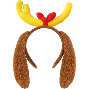 Deer Antler Headband with Furry Dog Ears, Funny Costumes Adult for Halloween or Christmas Cosplay Party, Reindeer Antlers Headband, Dog Costume Accessories for Women Men