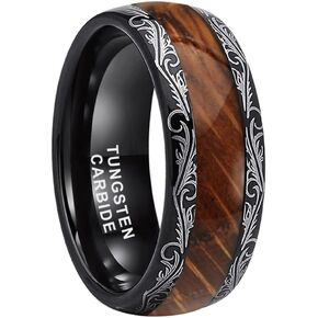 8mm Black Tungsten Rings for Men Women Whiskey Barrel Wood Inlay Vintage Baroque Frame Leaf Engagement Wedding Promise Band Domed Polished Shiny Comfort Fit