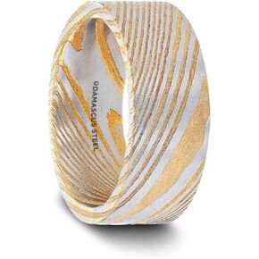 BISHOP Gold Color Flat Brushed Damascus Steel Men’s Wedding Band with Vivid Etched Design - 6mm & 8mm