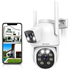 WEILAILIFE 【وصلة صوت ثنائية الاتجاه وعدسة مزدوجة】 كاميرا أمان PTZ لاسلكية خارجية 2K 4MP، عرض 360 درجة، كاميرات أمان منزلية WiFi 2.4/5 جيجا هرتز مع تخزين SD/سحابي.