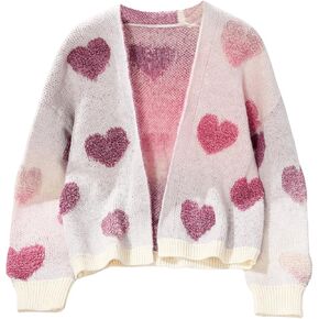 MakeMeChic Girl's Heart Print Open Front Long Sleeve Cardigan Sweater Drop Shoulder Cute Outerwear Knitwear