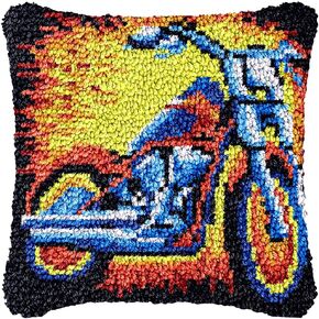 Motorcycle Latch Hook Pillow Kits Printed Embroidery Pillowcase DIY Crochet Yarn Hook and Latch Craft Rug Cushion for Home Christmas Decor and Gift 43x43cm