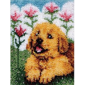 Latch Hook Kits Rug Golden Retriever Little Dog Crochet Yarn Pre-Printed Cushion Embroidery Needlework Carpet Cover DIY Hook and Latch Kit Tapestry Christmas Home Decoration 52x38cm