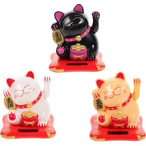 LIFKOME Waving Cat 3pcs Solar Powered Chinese Cute Wealth Welcoming Waving Cat for Home Display Office and Car décor