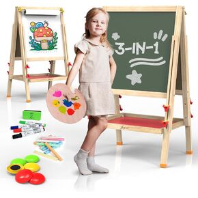 JOYOOSS Easel for Kids Art Easel Kids Easels for Toddlers Easel, Toddler Art Easel Dual-Sided Adjustable Wooden Magnetic Board for Kids Easel for Toddlers 3-4 Years and Art Easel for Kids Ages 4-8