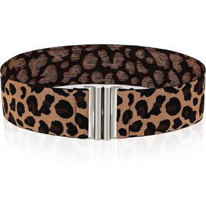 Women Stretch Waist Belts, Skinny Elastic Wide Waistband Leopard Print Retro Dress Tuck Belt, Interlock Buckle