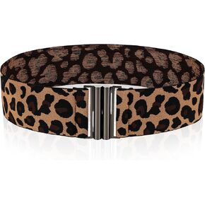 Women Stretch Waist Belts, Skinny Elastic Wide Waistband Leopard Print Retro Dress Tuck Belt, Interlock Buckle