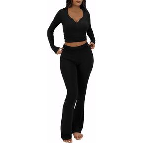 FAIRY SEASON Womens 2 Piece Lounge Sets Slim Fit V Neck Long Sleeve Top Fold Over Yoga Flare Pants Pajamas Loungewear Outfits