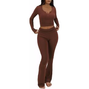 FAIRY SEASON Womens 2 Piece Lounge Sets Slim Fit V Neck Long Sleeve Top Fold Over Yoga Flare Pants Pajamas Loungewear Outfits in Kuwait