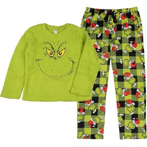 The Grinch Pajama Set Dr. Seuss Women's The Grinch Santa Fleece Buffalo Plaid Sleep Pajama 2 Piece Set Lounge