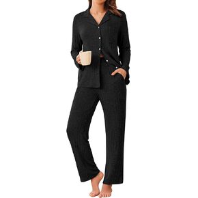 Ekouaer Womens Ribbed Knit Pajama Sets 2 Piece Lounge Set Long Sleeve Button Down Pjs Sleepwear Set with Pockets