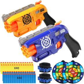 2 Pack Compatible with Nerf Bullets Toy Foam Blaster, 6 Auto-Dart Rotating Drum Soft Bullets Gun, Indoor Outdoor Shooting Games, Boys 6 + Years Kids Old Christmas Birthday Gift (Yellow and Blue)