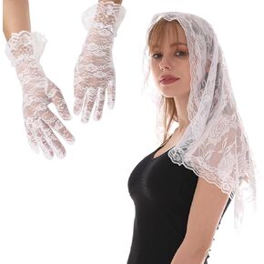 Mantilla Veil & Short Gloves Kit, Rose Lace Church Veil Mass Veil with Floral Gloves for Wedding Prom Party