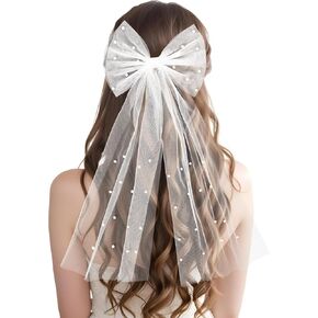 Prasacco Bride Wedding Bow Knot Veil, Pearl Veil Clip White Tulle Bow Short Bridal Veil Wedding Hair Bow Veils Bachelorette Party Decorations Bridal Wedding Decorations Wedding Accessories for Women in Saudi Arabia