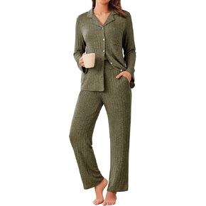 Ekouaer Womens Ribbed Knit Pajama Sets 2 Piece Lounge Set Long Sleeve Button Down Pjs Sleepwear Set with Pockets