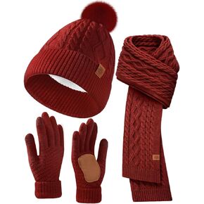 Womens Winter Hat Scarf Gloves Set - Pom Pom Knit Beanie, Long Scarf, and Touchscreen Gloves, Winter Gift for Men and Women